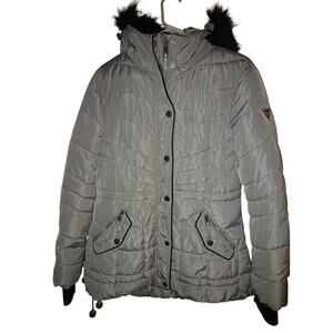 Guess Women’s Med Quilted Grey Hooded Winter Coat — Faux Fur Trim, Warm Jacket